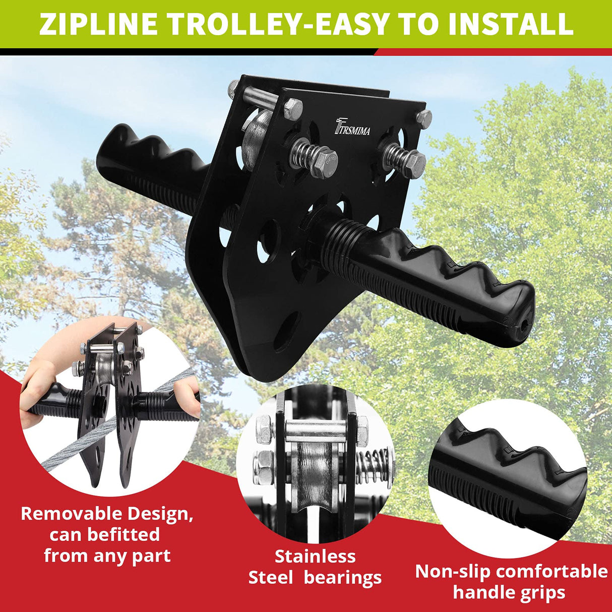 TT TRSMIMA 100 ft /120 ft /150 ft/180ft Zip Line Kit for Kids and Adult Up to 380 lb - Updated Removable Design Trolley and Thickened Seat, Rust Proof W/Safety Harness - Zipline Kits for Backyard TT TRSMIMA