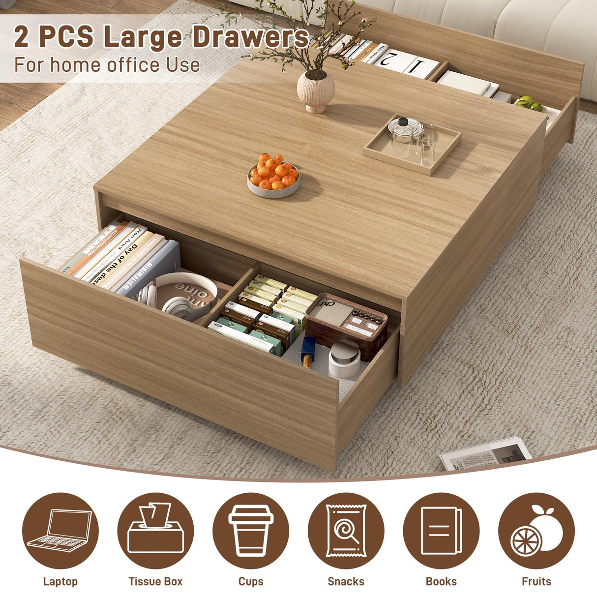 43 Inch Large Square Coffee Table with Storage,Modern Wooden Coffee Table with 2 Drawers Storage for Living Room,Mid Century Tea Table/Aesthetic Coffee Tables Center Table for Home Office(Oak) jiteentarou