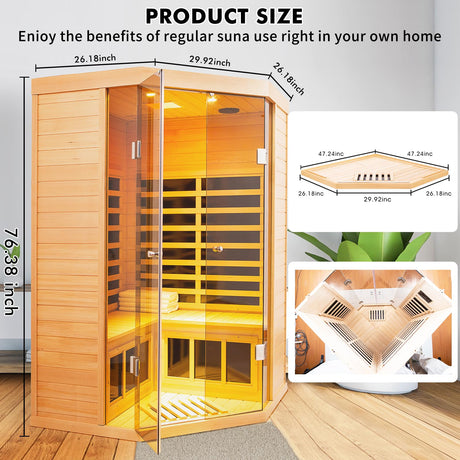 Infrared Sauna 2-3 Person Infrared Saunas for Home, Indoor Corner Sauna Spa Low Emf Infrared Sauna with 7 Color Therapy Dry Sauna for Home,2 Bluetooth Speakers, 2 LED Reading Lamp KOOZONEGM