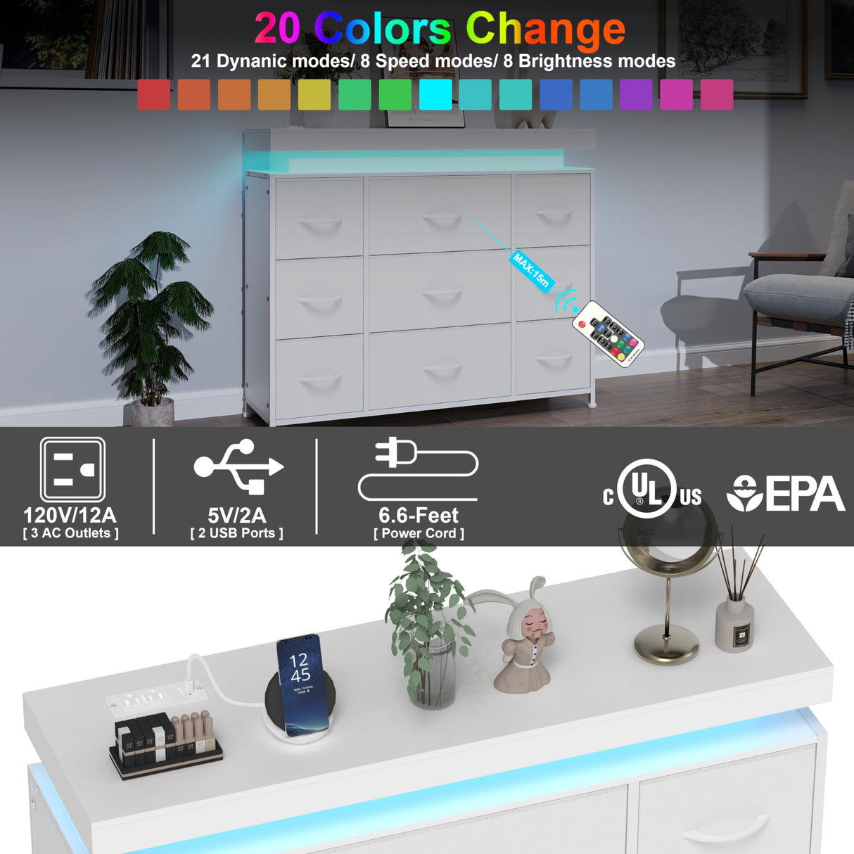 Tohomeor TV Stand 9 Drawer Dresser with Power Outlet LED Lights, Modern Chest of Drawers Fabric Drawers with PU Finish Small TV Console Table Dresser for Living Room (White, 9 Drawers) Tohomeor