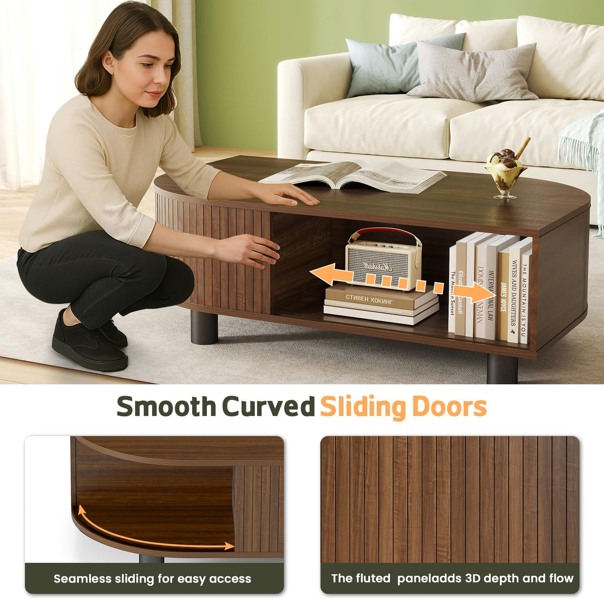 Lamtor Leaf-Shaped Fluted 39.4" Coffee Table with Storage, Mid Century Wooden Center Table, Modern Central Table with Sliding Door & Large Hidden Compartment, for Living Room Home Office, Walnut Lamtor