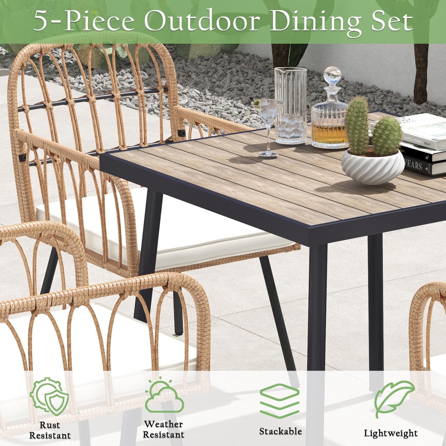 5-Piece LYNSLIM Outdoor Rattan Dining Set with Cushions - Stylish Table and 4 Wicker Chairs for Patio, Poolside, Balcony - WoodArtSupply