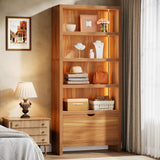 Tribesigns 70.9" Tall Bookshelf with File Drawer, Farmhouse 5-Tier Bookcase with LED Lights, Wooden Open Display Shelf Organizer for Living Room & Bedroom & Home Office (Walnut) Tribesigns