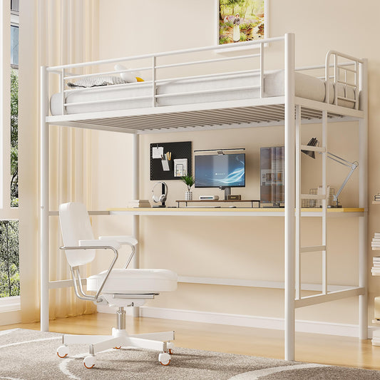 VECELO Loft Bed Twin Size with Desk, Metal Bedframe with Removable Ladder and Safety Guardrail, No Box Spring Needed, Space Saving, Noise Free, White