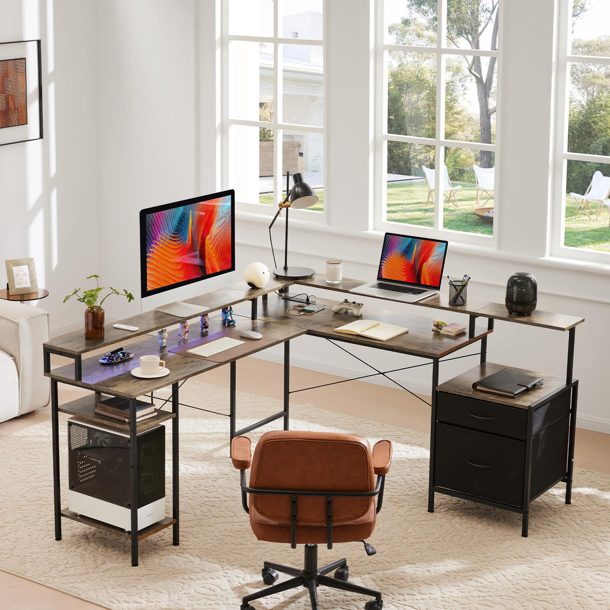 Mericonia L Shaped Gaming Desk, 66 inch Corner Computer Desk with File Drawer, Gaming Table with Led Lights, Workstation with Monitor Shelf, Printer Storage Shelves, Two Person Table, Grey Mericonia