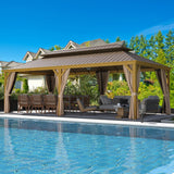 MELLCOM 12' x 24' Gazebo, Hardtop Gazebo Wood-Looking Gazebo with Galvanized Steel Double Roof, Aluminum Frame, Outdoor Patio Hardtop Gazebo with Netting and Curtains for Deck, Backyard, Patio, Lawns MELLCOM