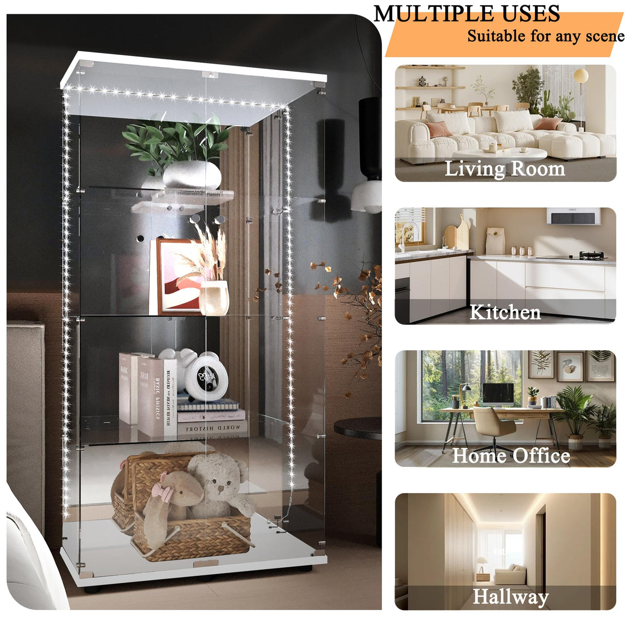 lunhung 65"H Glass Display Cabinet with LED Lights & Mirror Back Panel, 2 Doors Curio Storage Cabinet w/ Adjustable Feet & Lock, 4-Shelf Wood Top Display Case Bookshelf for Living room,Hallway (White) lunhung