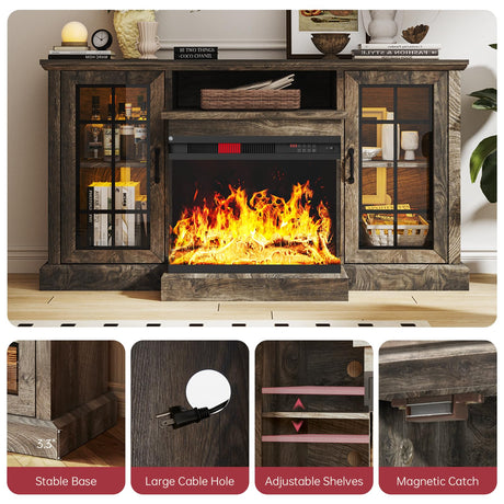 oneinmil 59'' Fireplace TV Stand, 3 Sided Glass Media Entertainment Center Console Table for TVs up to 65'' with Glass Door Adjustable Flame LED Color for Living Room, Set of TV Table, Grey oneinmil