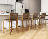 EALSON Mid Century Rattan Bar Stools Set of 4 Modern Farmhouse Barstools with Leather Woven Backs 26 Inch Wooden Counter Stool Breakfast Upholstered Bar Chairs for Kitchen Island, Brown EALSON