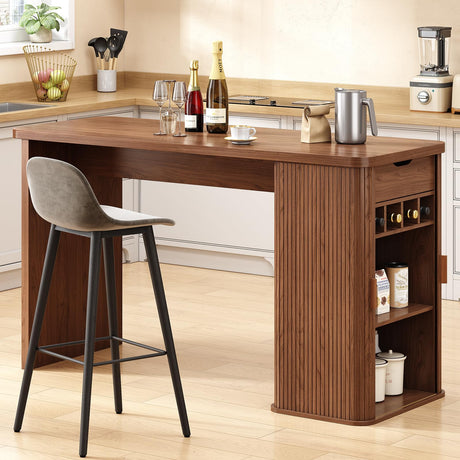 ONBRILL 59 Inch Kitchen Island with Storage, Fluted Counter Height Table, Mid-Century Modern Kitchen Island Table with Sliding Door, Home Bar Tables with Wine Rack and Drawers Walnut ONBRILL