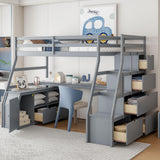 Harper & Bright Designs Full Size Loft Bed with Stairs and Desk, Solid Wood Loft Bed Frame with Storage Drawers and Shelves, for Kids Teens Adults - Gray Harper & Bright Designs