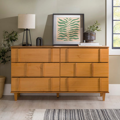 Walker Edison Contemporary Detailed 6-Drawer Solid Wood Dresser, 60 Inch, Caramel-T - WoodArtSupply