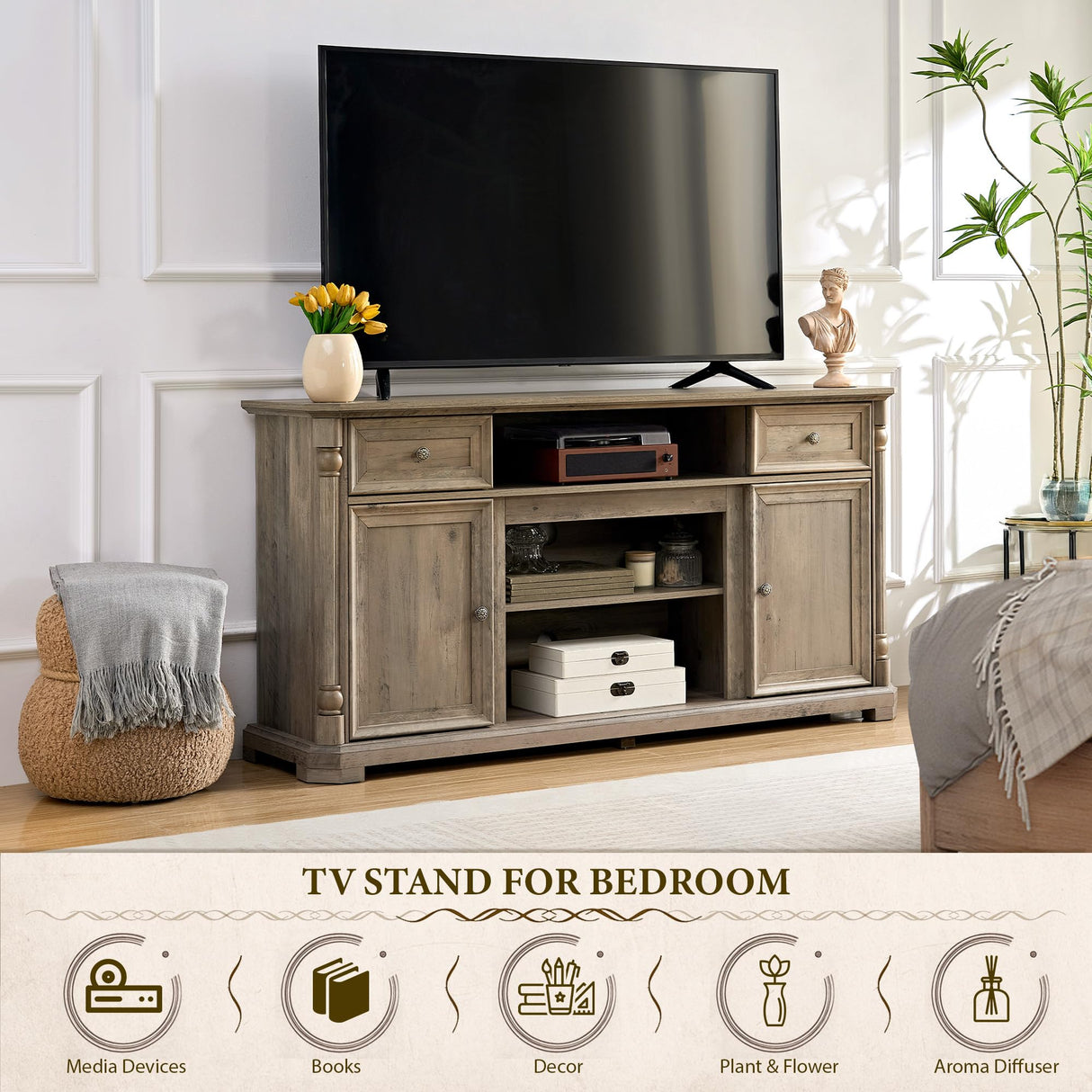 Yechen 62'' Farmhouse TV Stand for Living Room - 31.5'' Tall Entertainment Center with Storage Cabinets & Drawers, Wood Media Console Table with Roman Columns, for 75 Inch TV, Weathered Reclaimed Oak Yechen
