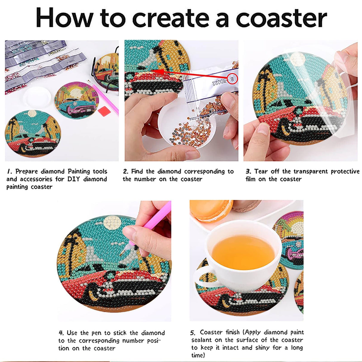 8 Pcs Car Diamond Painting Coasters Kits with Holder,DIY Diamond Art Coaster Kits for Adults,Diamonds Coasters Craft Supplies for Home Decor Gifts YarnMate