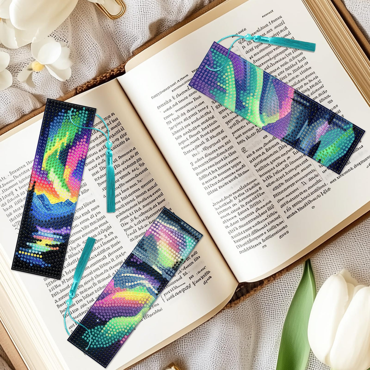 beinkmake 10Pcs Aurora Starry Sky 5D Diamond Art Bookmarks Forest Lake Diamond DIY Painting Bookmarks Rhinestones Beaded Acrylic Tassel Bookmark for Adult Beginner Crafts beinkmake