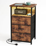 Fixwal Night Stand with Charging Station, LED Nightstand with Fabric Drawers, End Table with PU Finish, Bed Side Table, Rustic Brown Fixwal