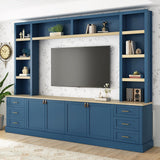 Polibi 102.3" Farmhouse TV Stand with Bookshelves & 6 Drawers, Rustic Media Console for TVs Up to 75", 4-Piece Entertainment Center Wall Unit with Adjustable Shelves & Cable Management,Navy Blue Polibi