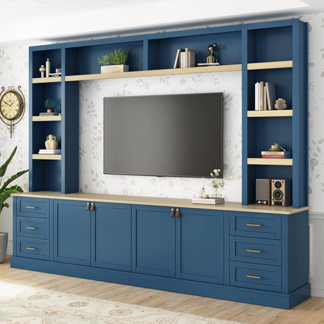 Polibi 102.3" Farmhouse TV Stand with Bookshelves & 6 Drawers, Rustic Media Console for TVs Up to 75", 4-Piece Entertainment Center Wall Unit with Adjustable Shelves & Cable Management,Navy Blue Polibi