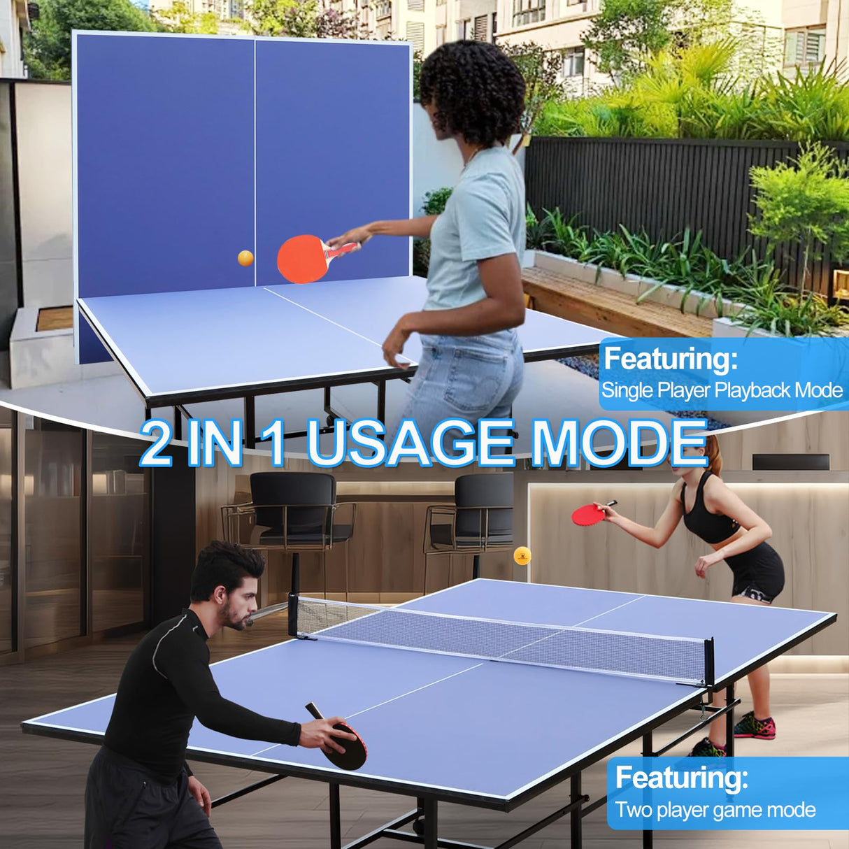 BOSTANA 108'' x 60'' x 30'' Table Tennis Table, Foldable Ping Pong Table with 1 Net 2 Paddles 3 Balls, Outdoor Table Tennis Table Single Player Playback Mode for Indoor Outdoor Game BOSTANA