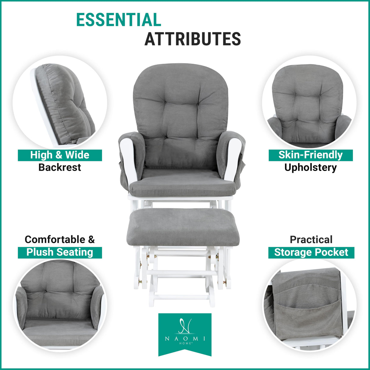 Naomi Home Nursery Glider Ottoman Sets Reclining Glider Rocker with Ottoman Nursery Rocking Breastfeeding Maternity Chair for Baby Room Recliner with Padded Arms - White Dark Gray Naomi Home