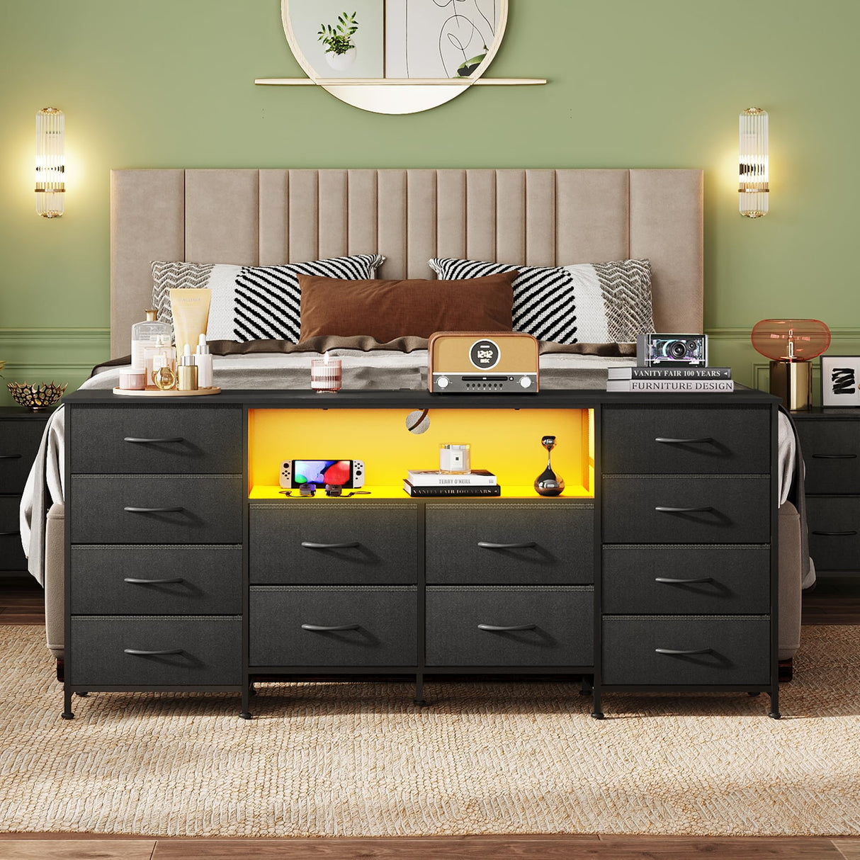 WLIVE 12 Drawer Dresser for Bedroom, Black Dresser TV Stand for 65, 70, 75 inch TV with Led Light & Charging Station, Wide Chest of Drawers with Open Shelves, Fabric Dressers for Closet, Living Room WLIVE