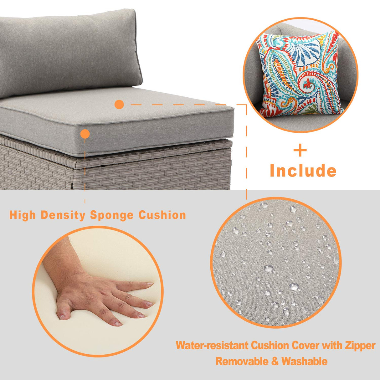 COSIEST 7-Piece Outdoor Furniture Warm Gray Wicker Family Sectional Sofa w Thick Cushions, Glass Top Coffee Table, 2 Ottomans, 4 Floral Fantasy Pillows for Garden, Pool, Backyard COSIEST