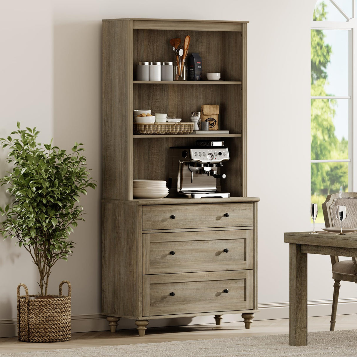 WAMPAT 72" Tall Bookcase Large Display Book Case Shelf with 3-Tier Open Book Shelfs, 3 Tier Farmhouse Style Bookshelf with 3 Drawers, Wood Bookshelves for Living Room or Study Room, Wash Grey WAMPAT