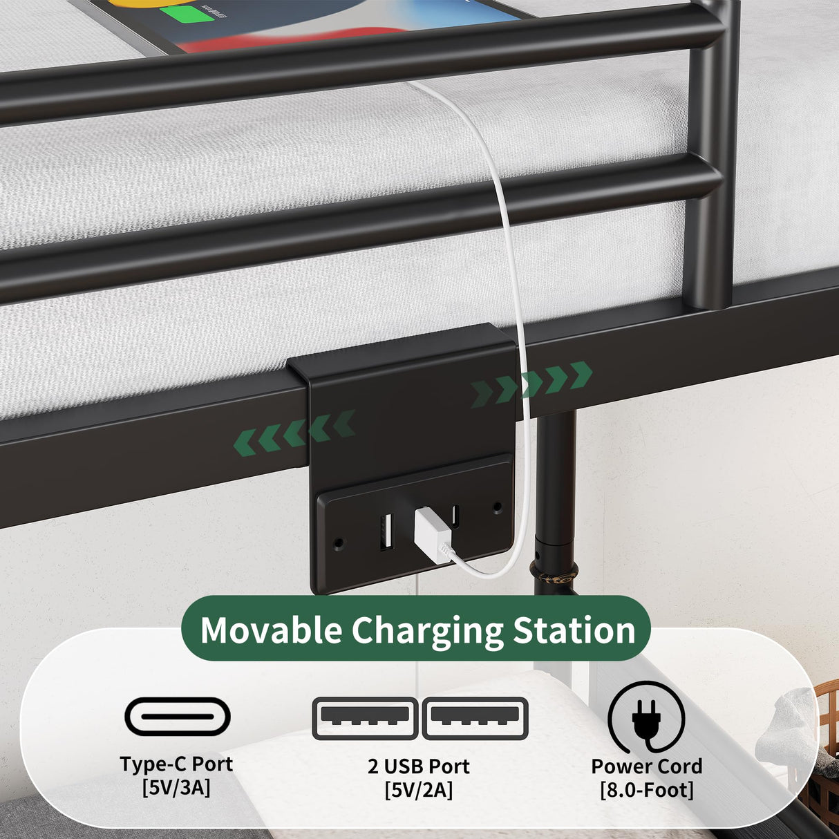 Jocoevol Metal LED Bunk Bed Twin Over Twin with 2 Storage Drawers, USB Charging Station, Industrial Bunkbeds Heavy Duty Bed with Safety Guardrail and Ladder, No Box Spring Needed, Black Jocoevol