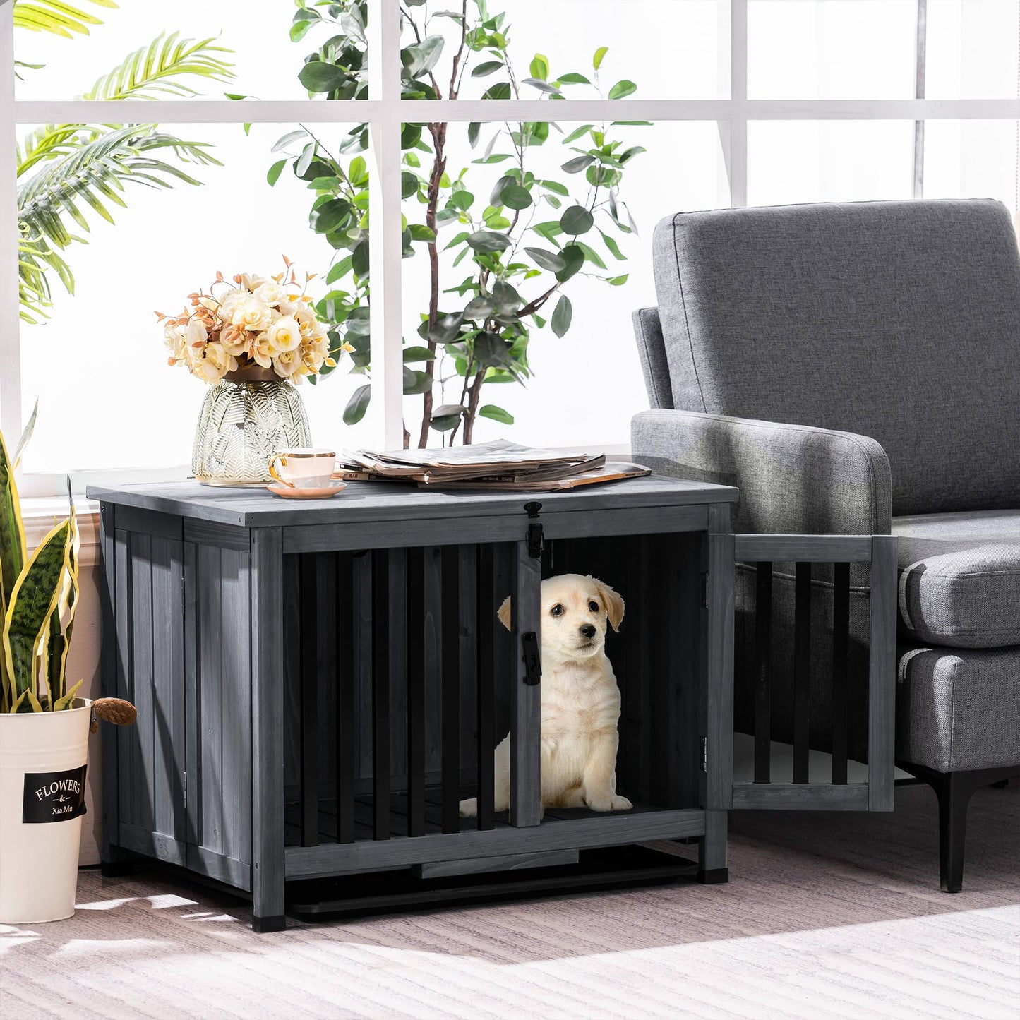 MCombo Wooden Dog Crate Furniture, Dog Kennel Pet House End Table, Solid Wood Portable Foldable Indoor Cage for Dogs, No Assembly Needed (Small, Grey) - WoodArtSupply