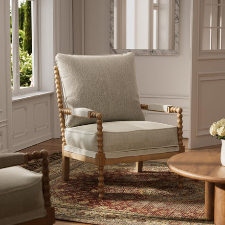 Morden Fort Linen Fabric Spindle Accent Chair with Wood Frame, French Style Accent Chairs with Padded Spring Seat and Armrest Pads, Brushed Base for Living Room Bedroom Farmhouse Office Balcony(Beige) Morden Fort