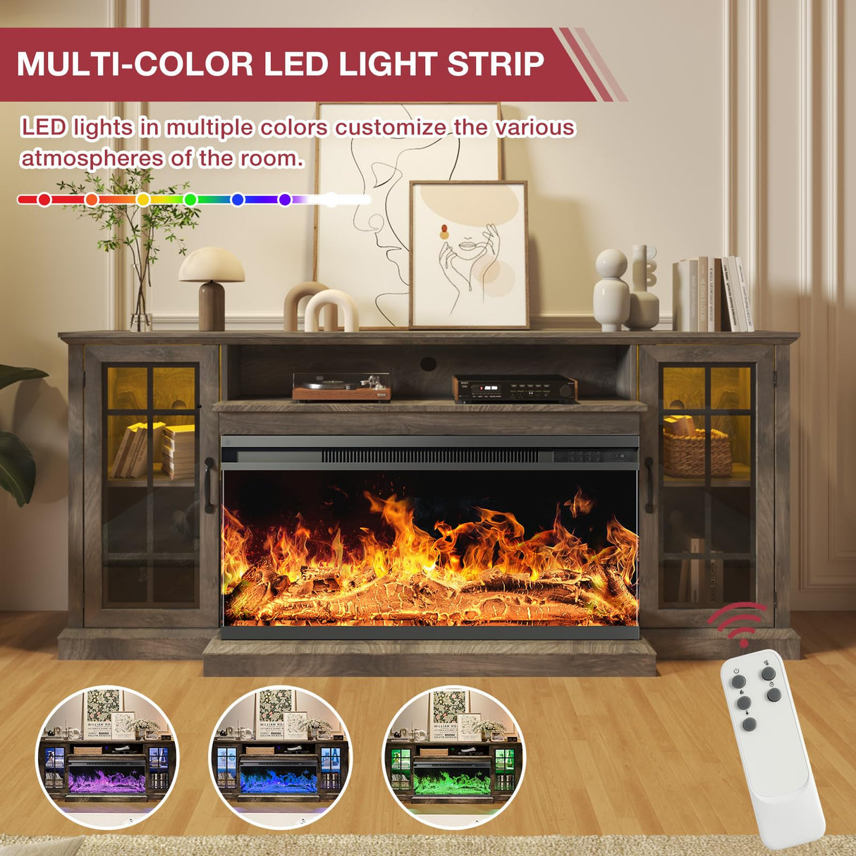 oneinmil 36 Inch 3-Sided Glass Fireplace TV Stand for TVs up to 80", Rustic Media Entertainment Center Console Table with Glass Door Closed Storage, Set of TV Table, Grey oneinmil