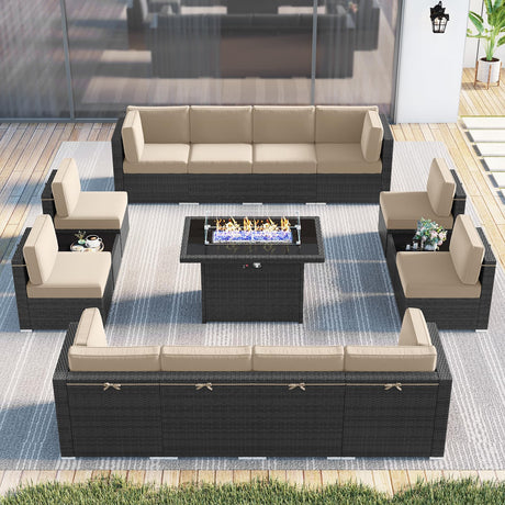LayinSun 15 Piece Patio Furniture Set with Fire Pit Table, Outdoor Conversation Sets Wicker Rattan Sectional Sofa with Coffee Table LayinSun