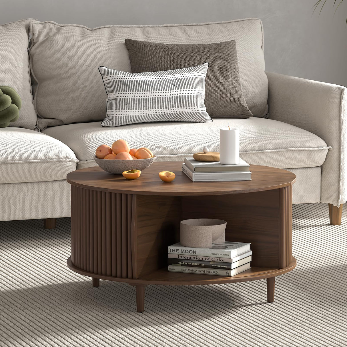 JOINICE,Round Coffee Table with Storage,Mid Century Modern Coffee Table with Sliding Cabinet Door,Coffee Table for Living Room,31.5" Small Center Table (Walnut) JOINICE