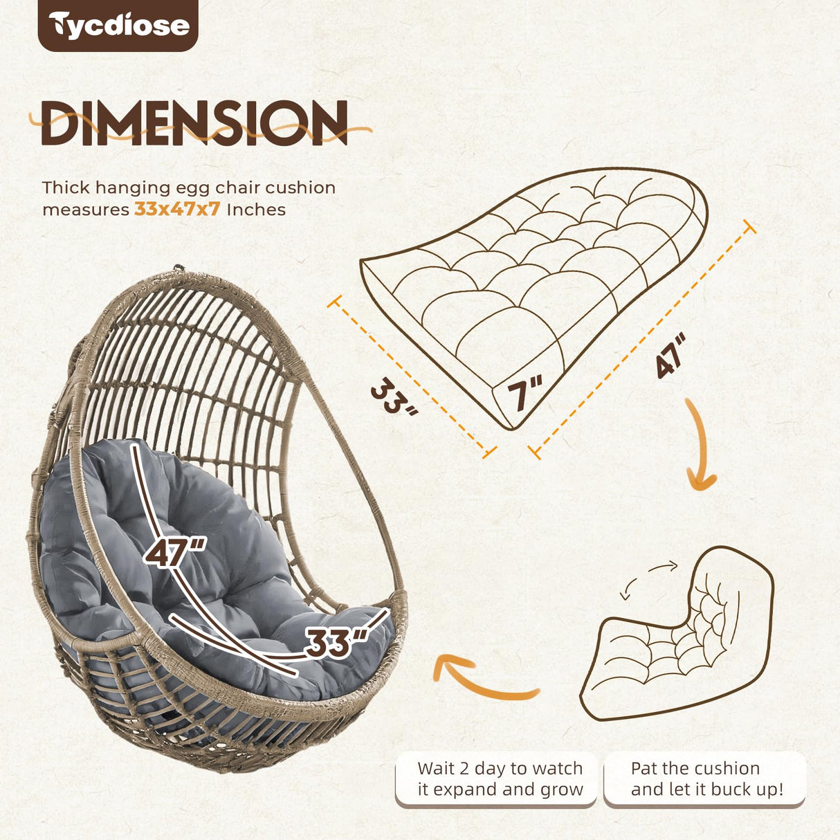 Tycdiose Egg Chair Cushion Replacement, Waterproof Outdoor Hanging Egg Swing Chair Cushions Pads, U-Shaped Thickened Cushions for Hanging Eggs Chair with Ties, 47x33x7 Inches (Grey) Tycdiose