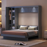 P PURLOVE Murphy Bed Queen, Wood Wall Bed with Shelves, Wardrobe and LED Lights, No Box Spring Needed (Gray) P PURLOVE