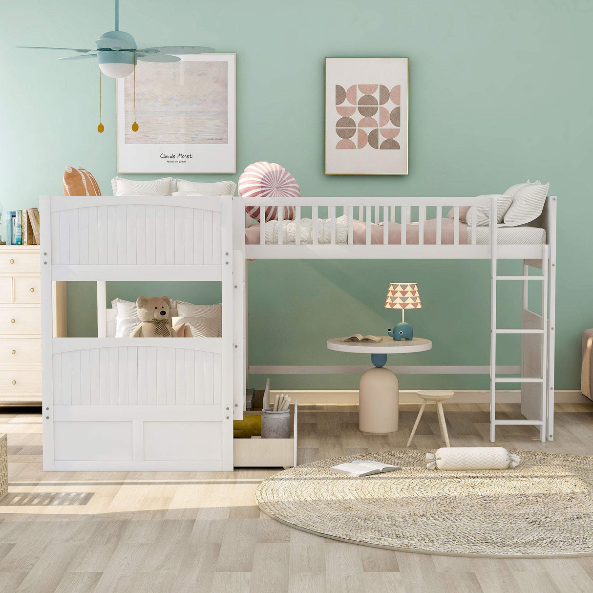 Harper & Bright Designs Triple Bunk Bed for Kids L Shaped Bunk Bed Solid Wood Twin Over Twin Over Twin Bed with 2 Drawers and 2 Ladders, No Box Spring Needed, White Harper & Bright Designs