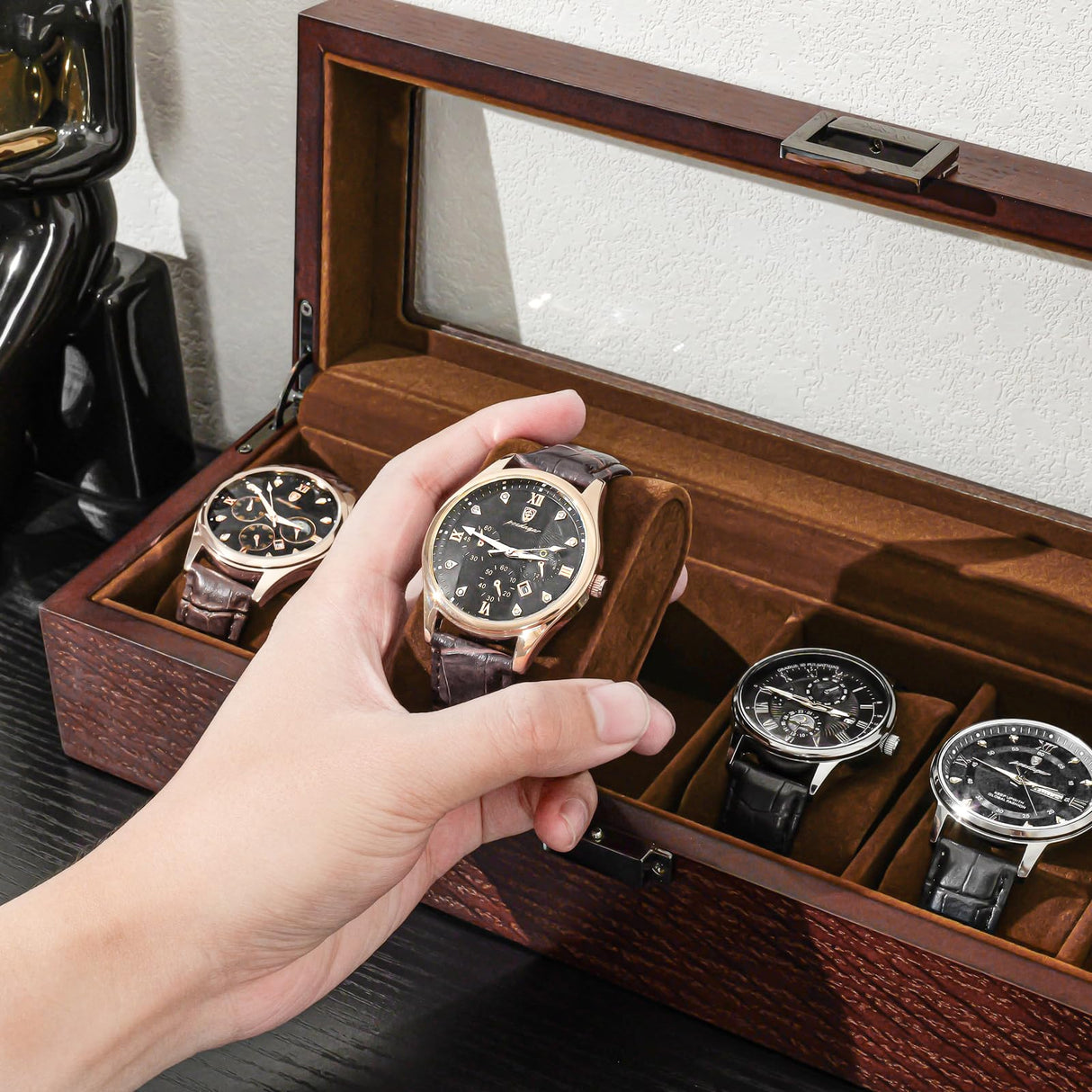 ProCase Wooden Watch Box for Men, 6 Slot Watch Display Case Mens Watch Box Organizer, Wood Watch Case for Men Watch Storage, Watch Holder Organizer with Glass Lid -6 Slot, Espresso ProCase