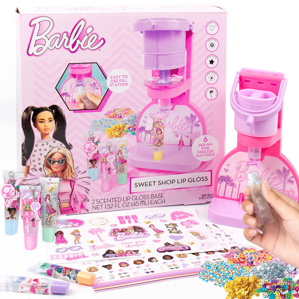 Horizon Group USA Barbie Sweet Shop Lip Gloss Making Kit, Makes 12 Barbie Accessories, Barbie Lip Glosses & Keychains, Arts and Crafts kit for Kids Ages 6+, Gifts for 6 Year Old Girl Barbie