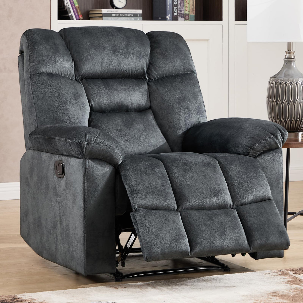 CANMOV Manual Recliner Single Sofa, Wall-Hugger Reclining Couch, Upholstered Sofa Chair with Armrests, Fabric Reclining Couch with Soft Cushion for Living Room, Grey CANMOV