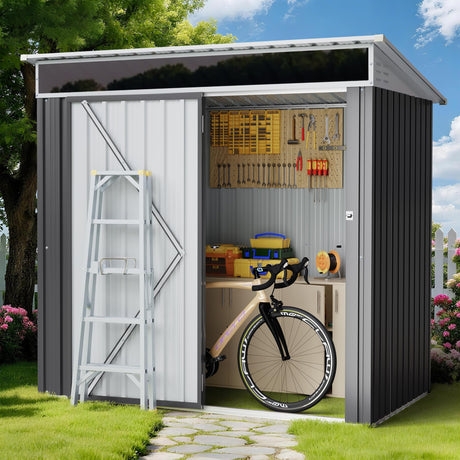 Shintenchi 6x4 FT Outdoor Storage Shed with Window, Outdoor Waterproof Storage Shed Metal Garden Shed with Lockable Single Door, Weather Resistant Tool Storage House Shed for Garden,Backyard,Gray Shintenchi