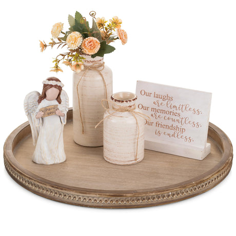 Hanobe Large Round Decorative Tray: Coffee Table Beaded Tray Rustic Wood Trays Decor Farmhouse Ottoman Circle Tray Vintage Centerpiece Wooden Serving Trays for Living Room Home for Counter, Brown Hanobe