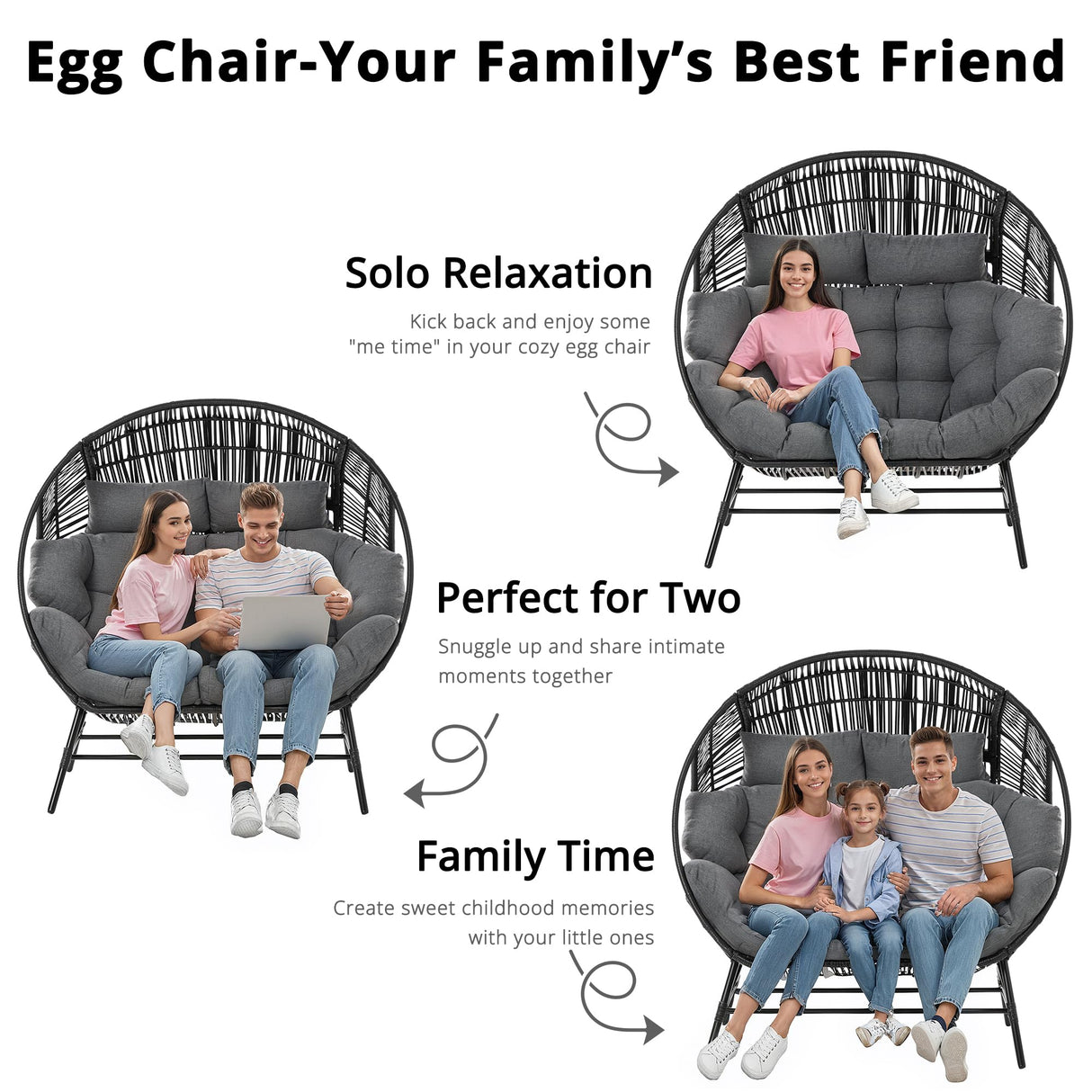 IRONCK 2 Person Egg Chair Outdoor Indoor, Oversized Double Wicker Lounge Chair, Thickened Padded Cushions and Headrests, 680Lbs Egg Loveseat for Patio, Balcony, Living Room, Porch, Gray IRONCK