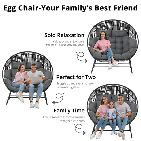 IRONCK 2 Person Egg Chair Outdoor Indoor, Oversized Double Wicker Lounge Chair, Thickened Padded Cushions and Headrests, 680Lbs Egg Loveseat for Patio, Balcony, Living Room, Porch, Gray IRONCK