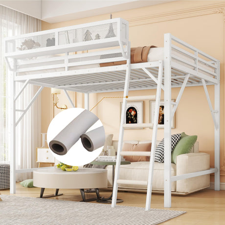 Mirightone Queen Size loft Bed with A Shelf, Metal Loft Beds with Soft Ladder Rung Cover, Heavy-Duty Tall Loft Bed Frame for Kids Boys Girls Teens Adults, Noise-Free,No Box Spring Needed, White Mirightone