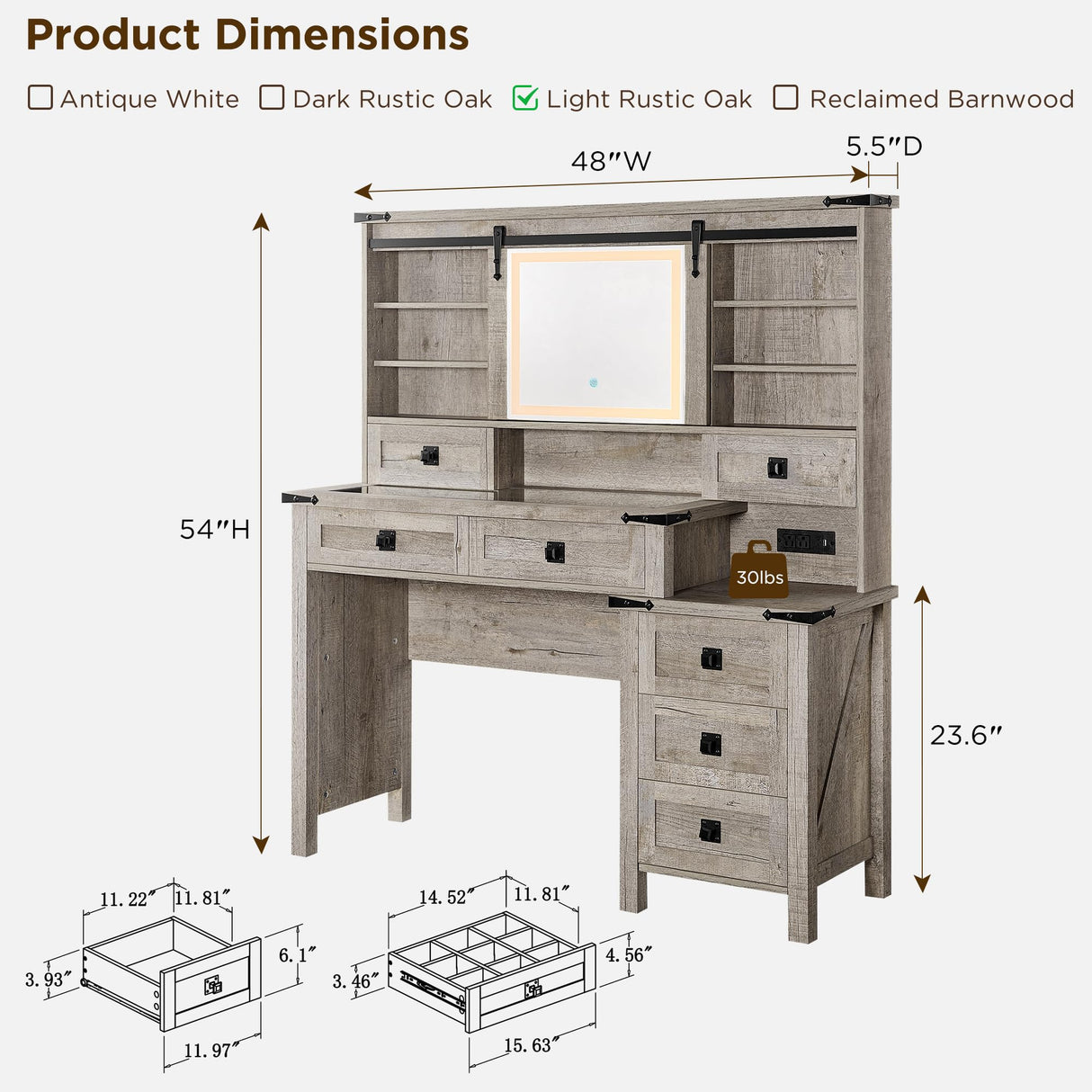 T4TREAM 48'' Farmhouse Makeup Vanity Desk with Sliding HD Mirror and Lights, Big Modern Lighted Vanity Table with 7 Drawers & Shelves, Rustic Large Dressing Table for Bedroom, Light Rustic Oak T4TREAM