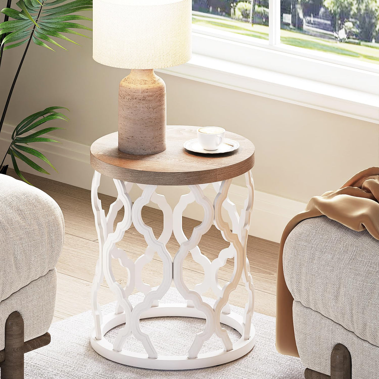 karlott Farmhouse End Table, 17.7'' Round French Country Side Table, Wood Top Side Table with Curved Motif Frame Base for Boho, Living Room, Bedroom, Small Space karlott