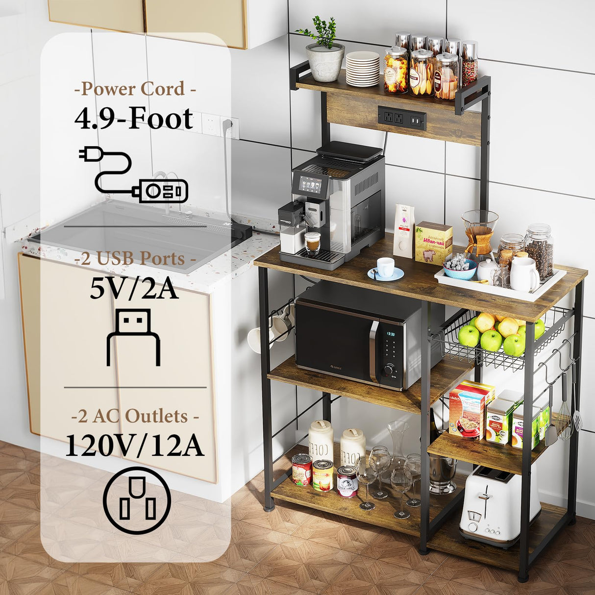 ZERDER Bakers Rack with Power Outlets and 2 USB Ports, Utility Microwave Stand, Kitchen Storage Rack with 6 S-Shaped Hooks, Kitchen Shelves, Rustic Brown ZERDER