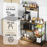 ZERDER Bakers Rack with Power Outlets and 2 USB Ports, Utility Microwave Stand, Kitchen Storage Rack with 6 S-Shaped Hooks, Kitchen Shelves, Rustic Brown ZERDER