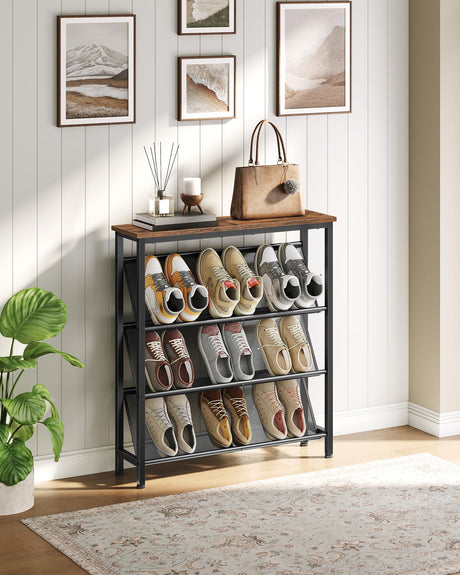 CHOEZON Shoe Rack, 4-Tier Slanted Shoe Storage Shelf, Narrow Shoe Rack for Entryway, Shoe Organizer with Adjustable Feet, Slim Shoe Shelf with Wooden Top and Metal Frame Rustic Brown and Black TXJ75BF CHOEZON