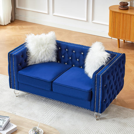 Homies Life 60" Chesterfield Sofa, Velvet Mid-Century Modern Upholstered Loveseat Sofa with 2 Throw Pillows and Acrylic Legs, Nailhead Button Tufted Vintage Couch for Living Room, Apartment, Blue Homies Life